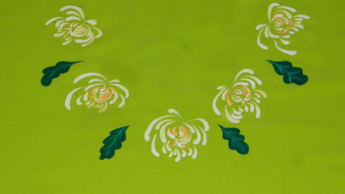 Hand painted Chrysanthemum on a synthetic green mateerial